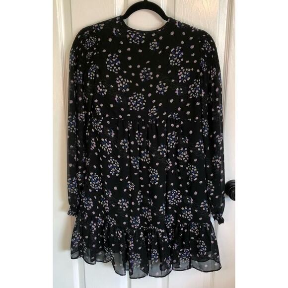 Urban Outfitters Size XS Black Floral Long Sleeve Mini Dress Tie Front Crepe - Picture 7 of 7